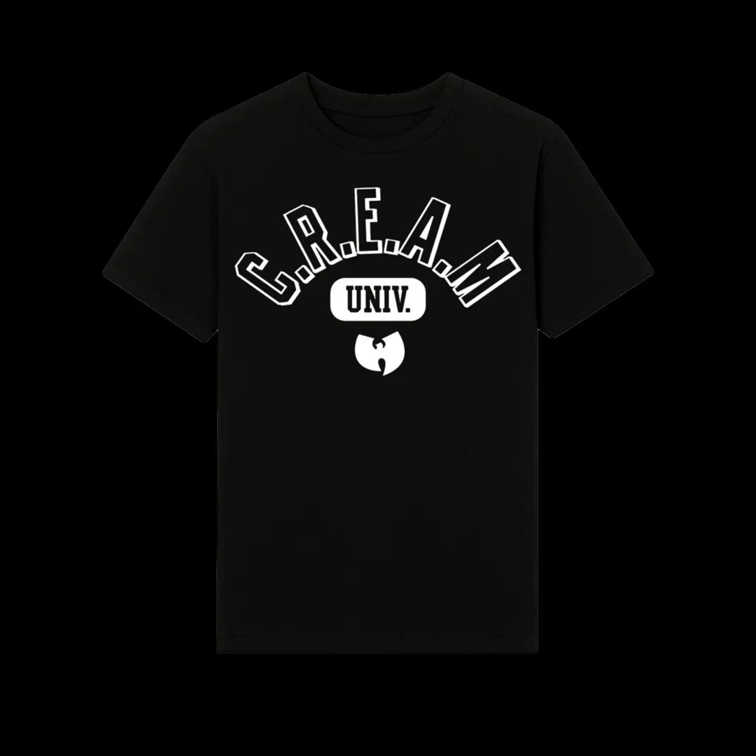 Black short-sleeved t-shirt featuring white c.r.e.a.m print classic street hip hop style women oversized harajuku top