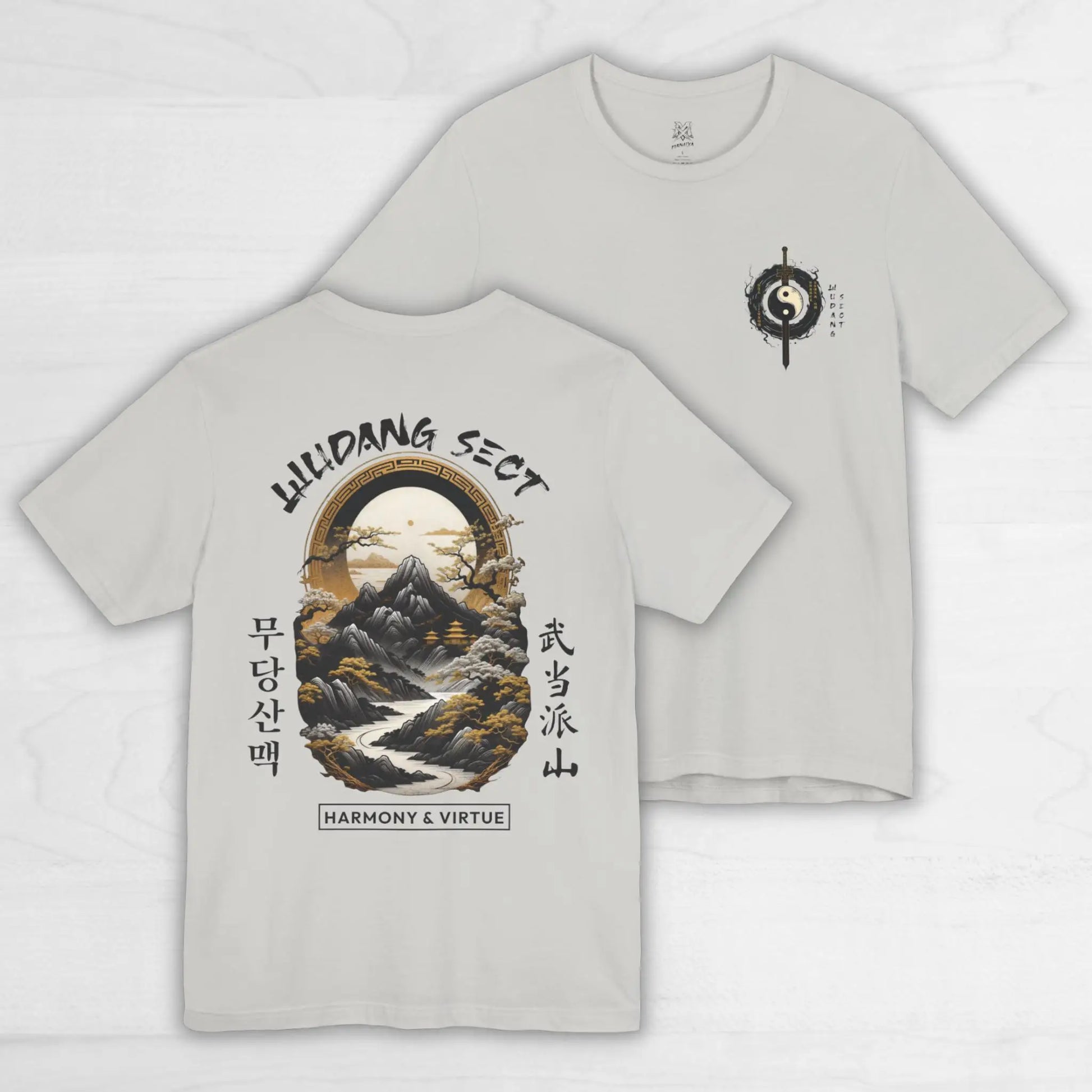 Off-white t-shirt with clan album poster mountain design framed by gold archway featuring korean and chinese text ideal for women oversized harajuku fashion