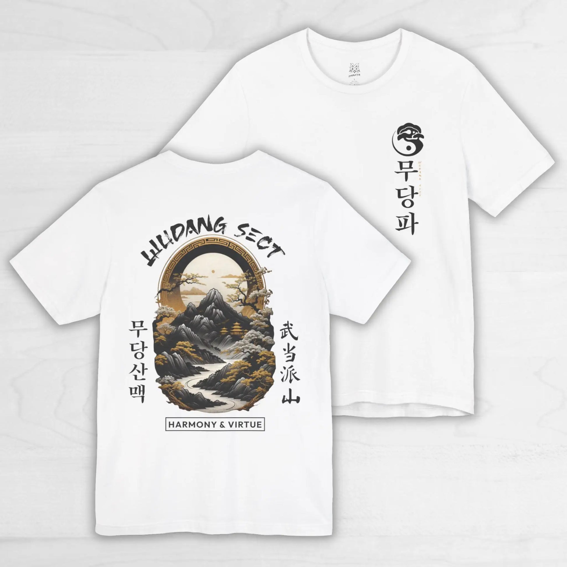 White short-sleeved clan album poster t-shirt featuring mountain graphic with harmony and virtue text for women oversized harajuku style