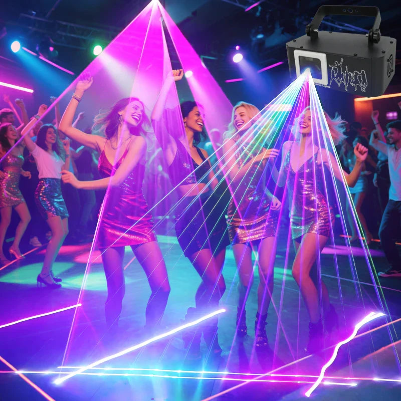 Black Wuzstar one-head animated projector laser with handle and white logo featuring dmx dj equipment and clublight remote control