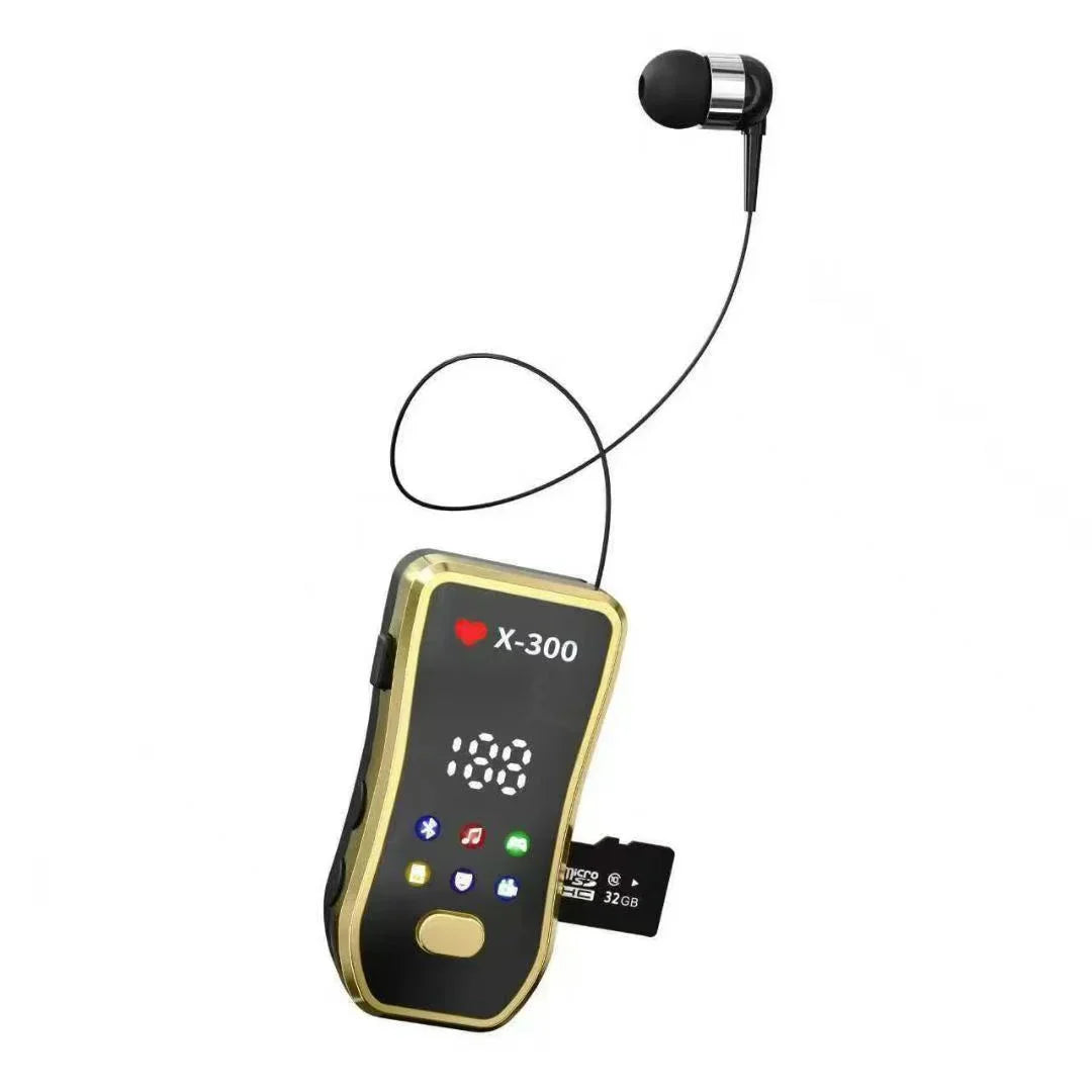Black and gold x-300 bluetooth music headphones retractable with digital display and attached in-ear sports headphones business car use