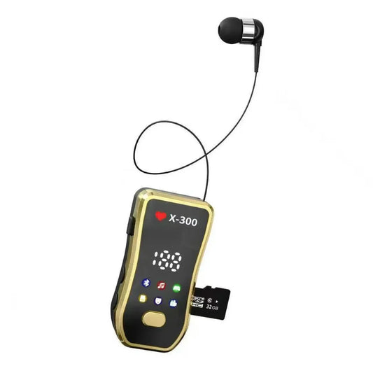 Black and gold x-300 bluetooth music headphones retractable with digital display and attached in-ear sports headphones business car use