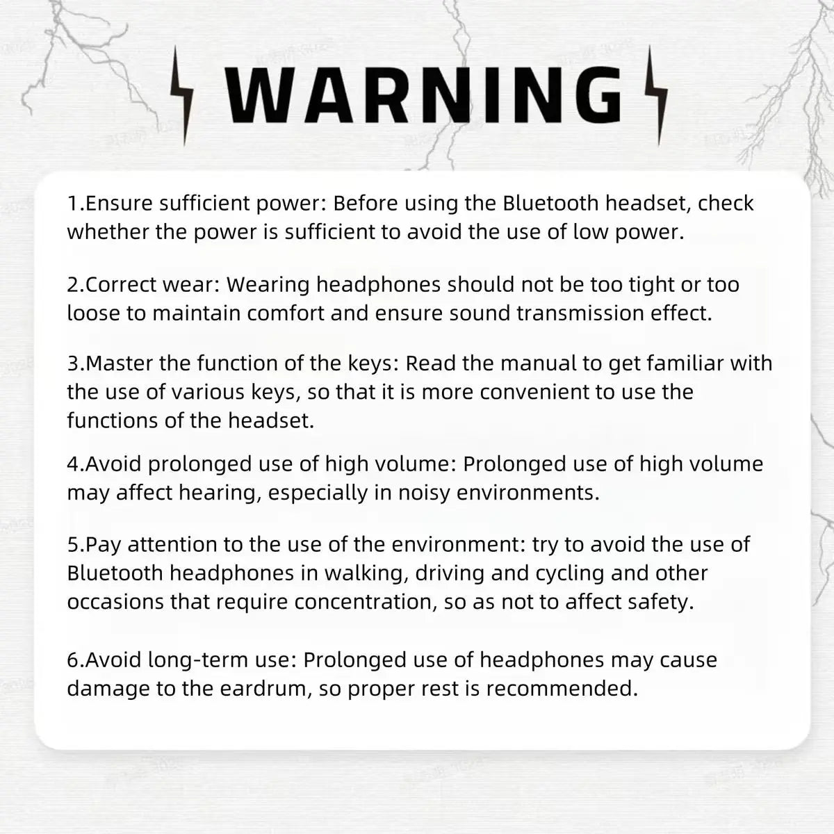 Black text with lightning bolt icons warning at top for x-100 in-ear smart headphones retractable music headphones business car headphones