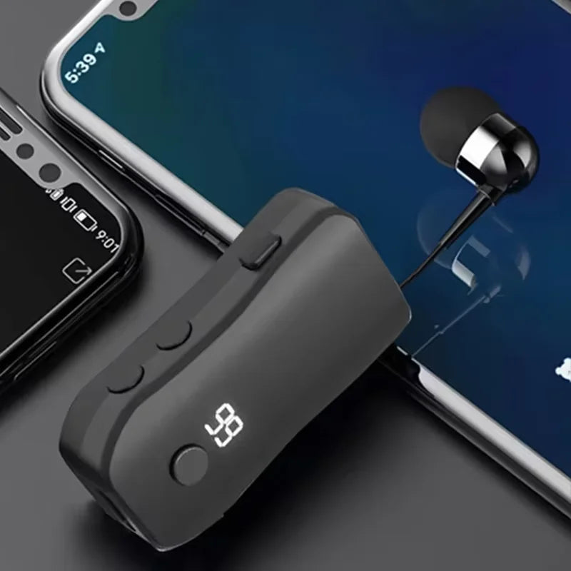Black x-100 in-ear wireless headphones with digital display and control buttons for sports and business car use