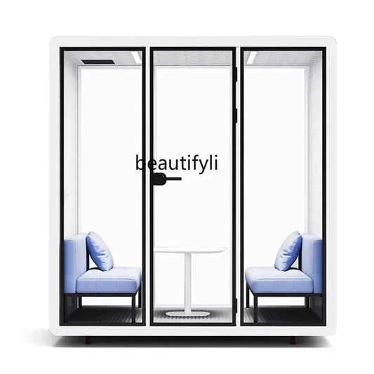 White-framed x soundproof room with transparent glass panels black trim light blue chairs ideal for beat music store use