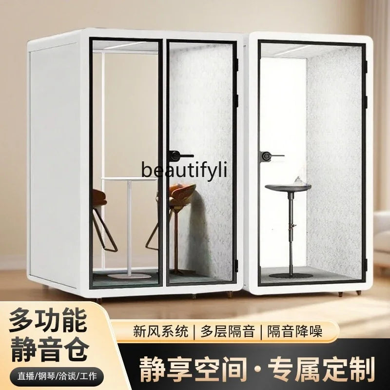 White modern acoustic x soundproof room with black-framed glass doors and textured walls for type beat music studio