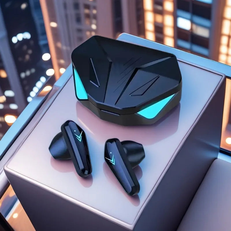 Black x15 tws gaming wireless earbuds with mic bass audio and positioning 9d stereo beside illuminated charging case