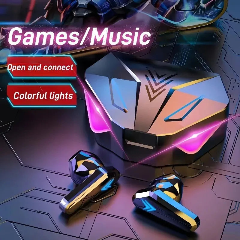 Black and gold x15 tws gaming wireless earbuds with mic bass audio and positioning 9d stereo beside geometric charging case with pink and blue led lights