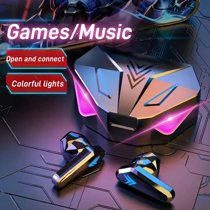Black and gold x15 tws gaming wireless earbuds with mic bass audio and positioning 9d stereo beside geometric charging case with pink and blue led lights