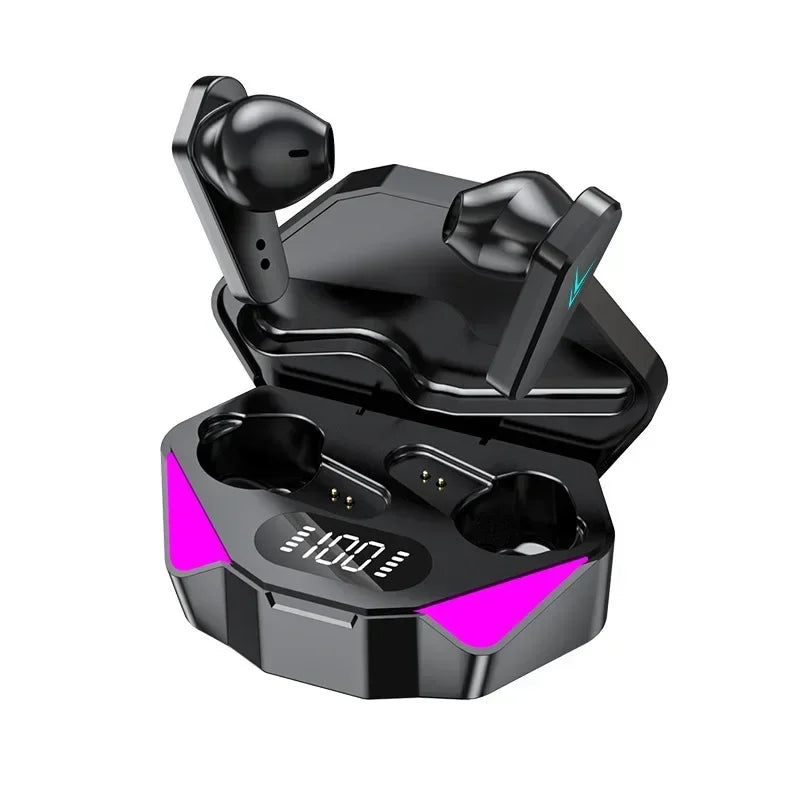 Black x15 tws gaming earbuds with mic bass audio in sleek angular charging case with pink led and positioning 9d stereo display