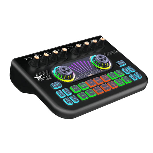 Black mixer live audio interface dj mixer with colorful backlit buttons for podcast mixer and live streaming use