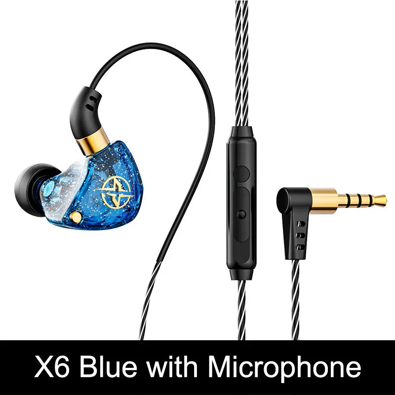 Blue translucent wired earphone bass with gold logo and inline mic suitable as stereo girl gift musician headset gamer