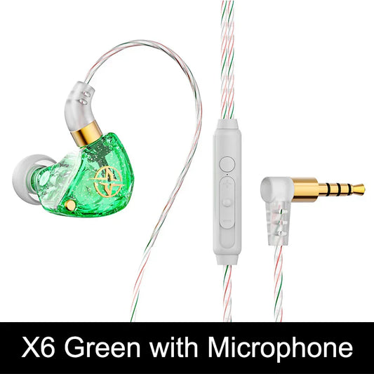 Green translucent wired earphone bass with gold accents and white inline control module for musician headset gamer use