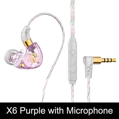 Pink crystal-clear wired earphone bass with gold accents and white inline control for musician headset gamer gift