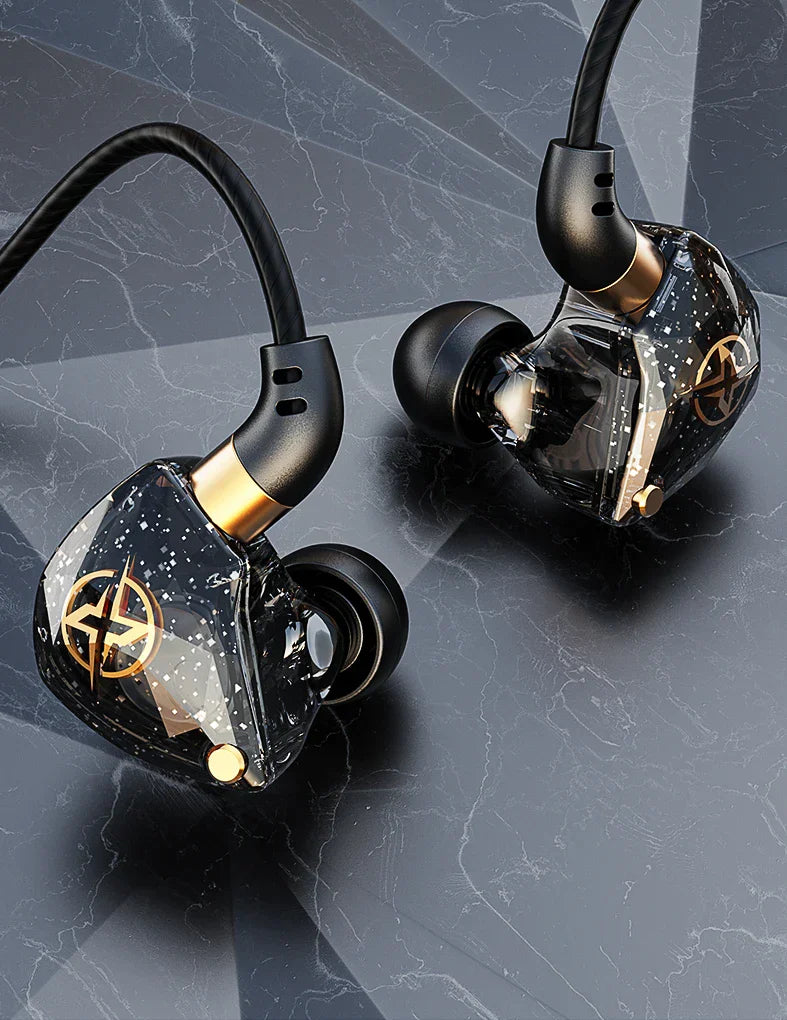 Black and gold inlayed star-patterned transparent wired earphone bass headset for musician gamer stereo girl gift