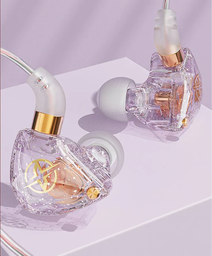 Clear crystal wired earphone bass with gold accents, white silicone tips, visible driver, ideal musician headset gamer gift