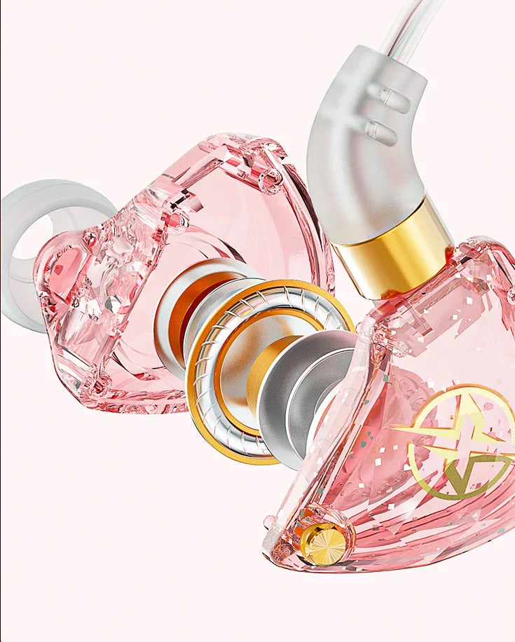 Pink crystal-clear wired earphone bass with gold accents and logo ideal stereo girl gift musician headset gamer earbuds for Huawei