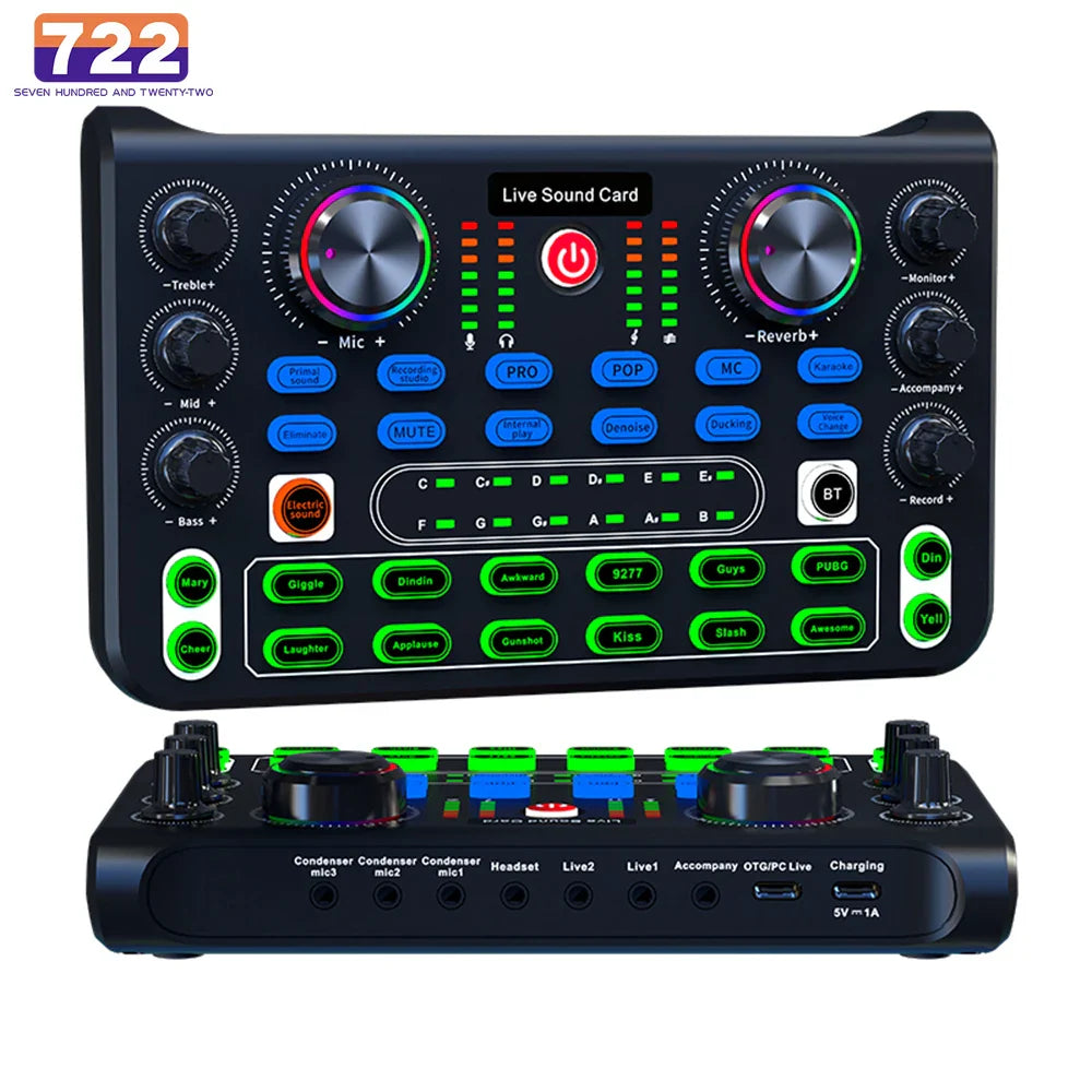 Black 722 live sound card with green and red illuminated controls for professional live broadcast and electronic tuning
