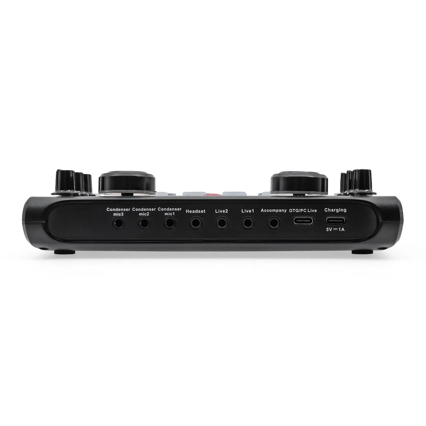 Black x60 sound card with multiple input jacks and knobs for professional live broadcast and electronic tuning use