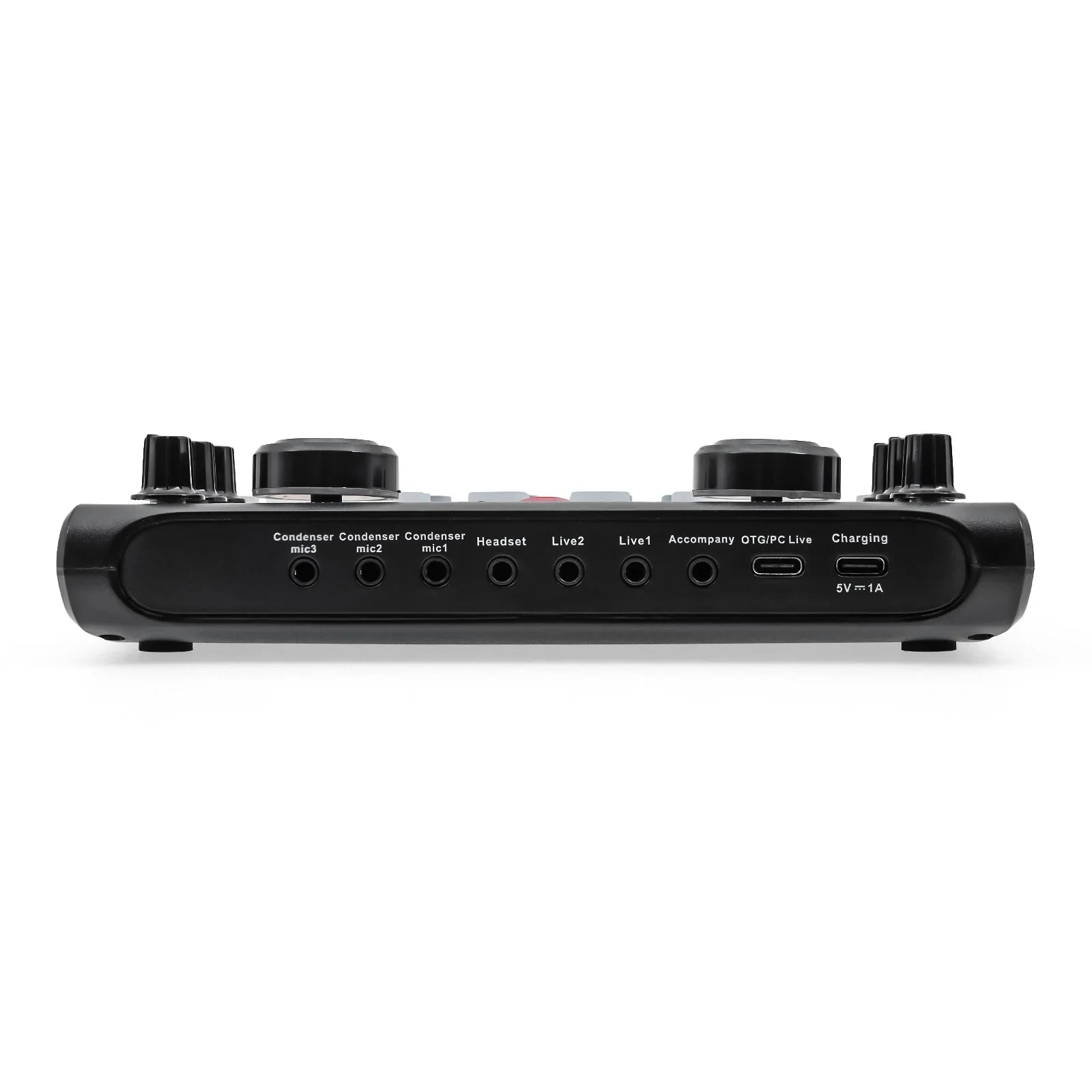 Black x60 sound card with multiple input jacks and knobs for professional live broadcast and electronic tuning use