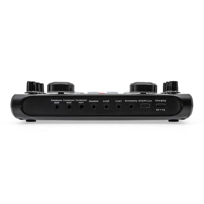 Black x60 sound card with multiple input jacks and knobs for professional live broadcast and electronic tuning use