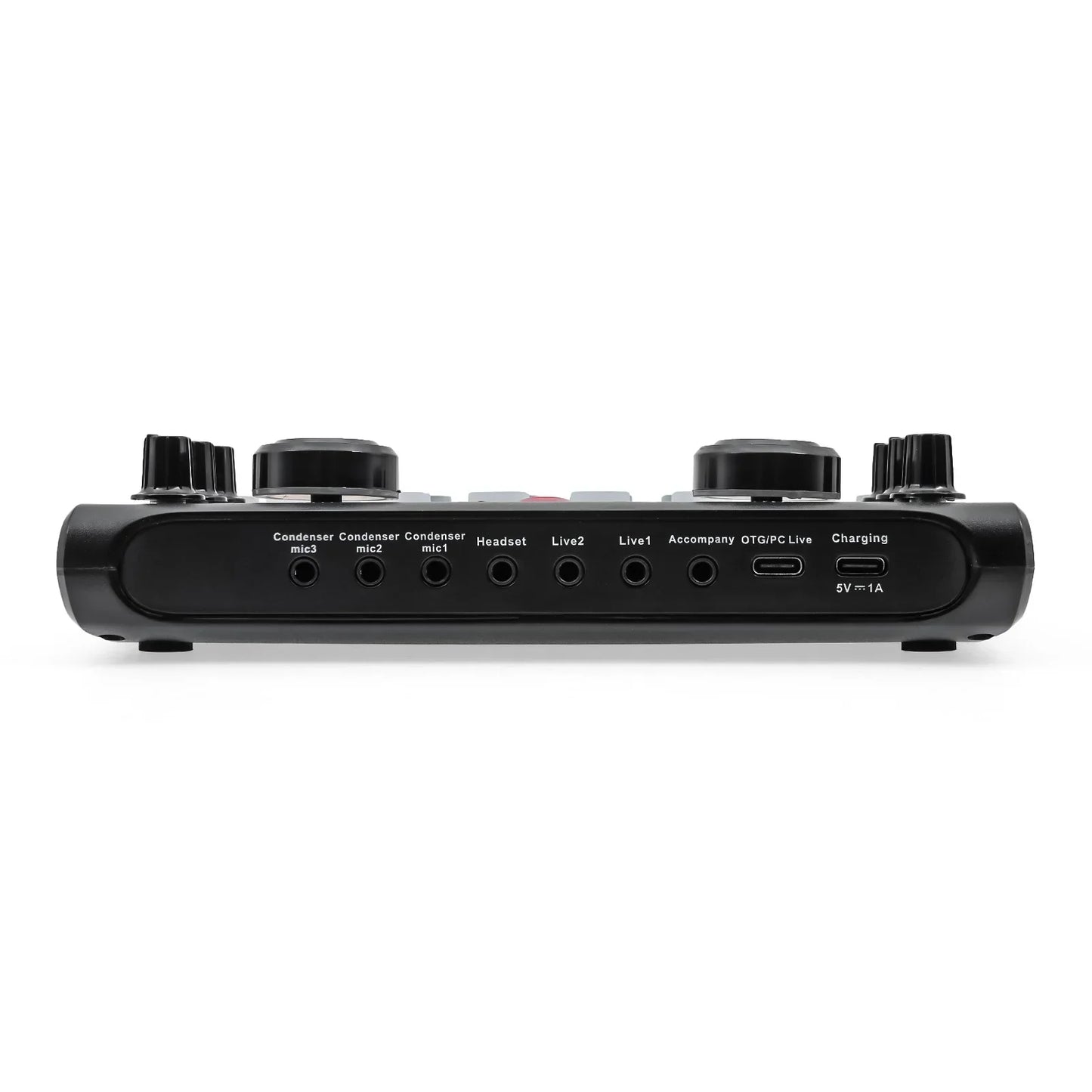 Black x60 sound card with multiple input jacks knobs and usb-c ports for karaoke broadcast ktv and cards audio mixer use