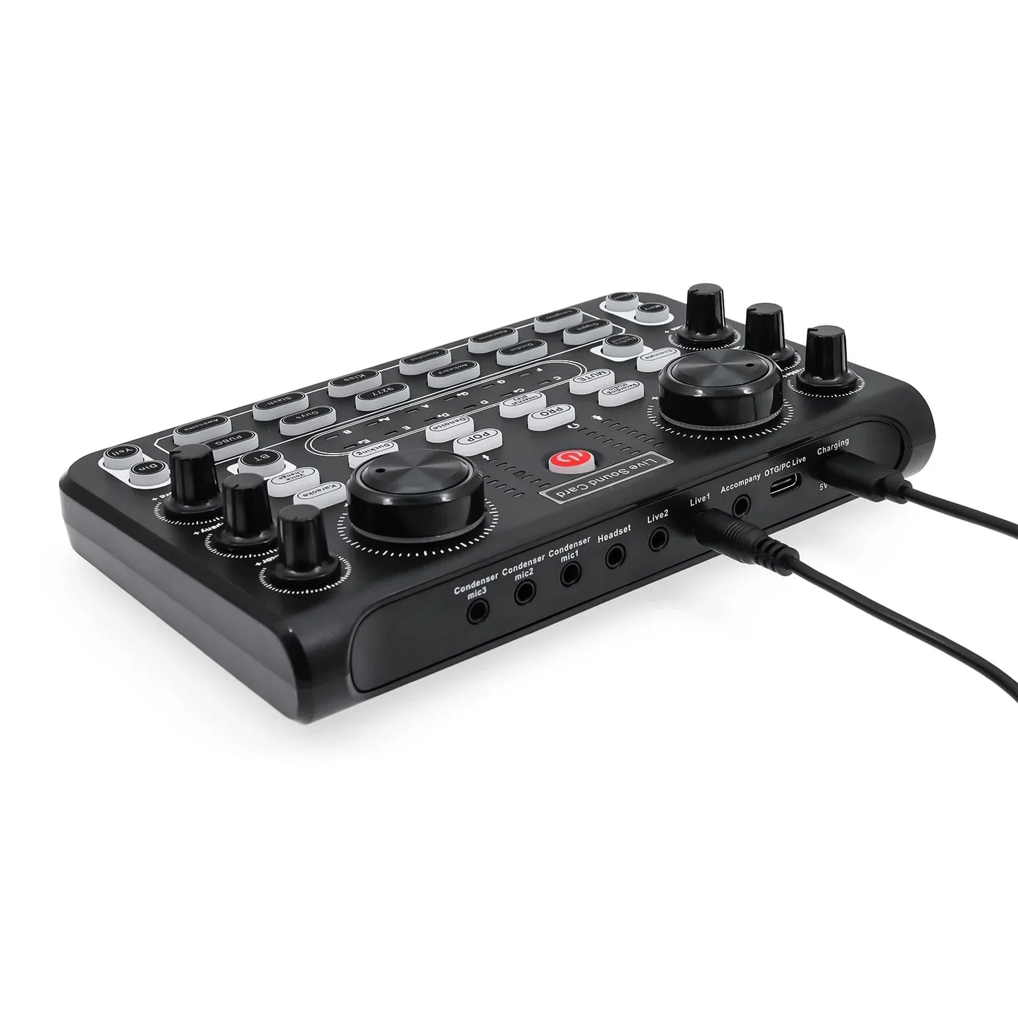 Black x60 sound card audio mixer with multiple knobs and ports for professional karaoke broadcast ktv and live sound studio use