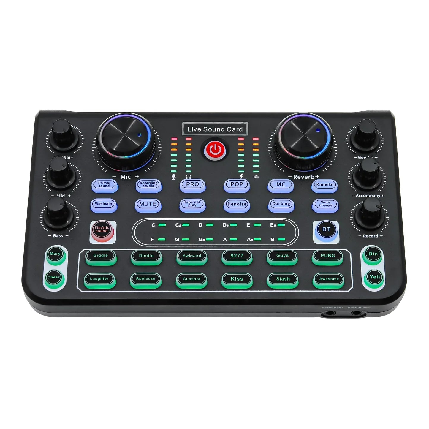 Black rectangular x60 sound card with colorful illuminated buttons and knobs for karaoke broadcast ktv and cards audio mixer