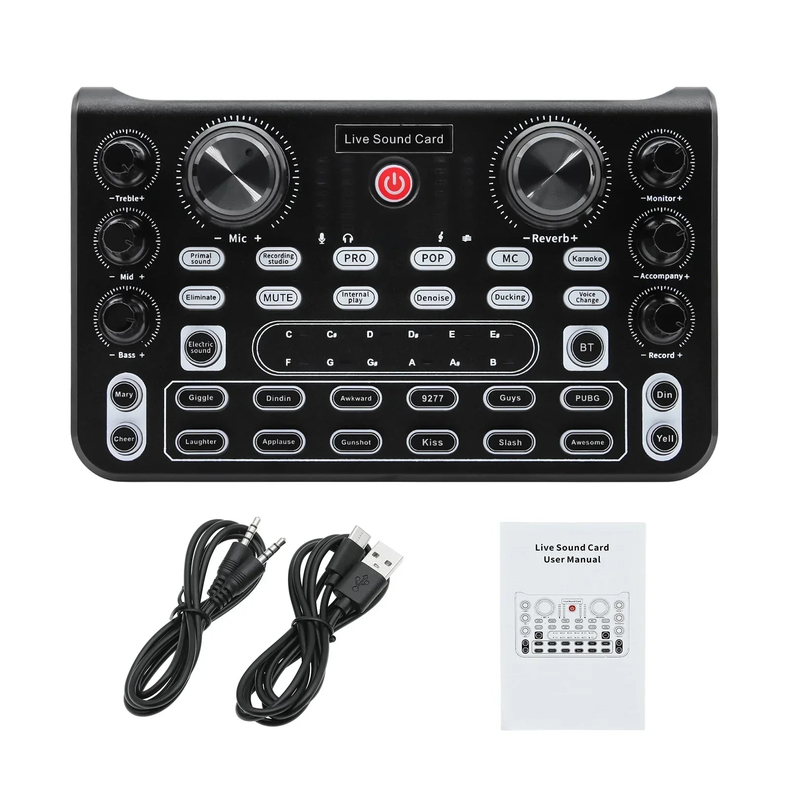 Black rectangular x60 sound card with silver knobs and red power button for karaoke broadcast ktv cards audio mixer