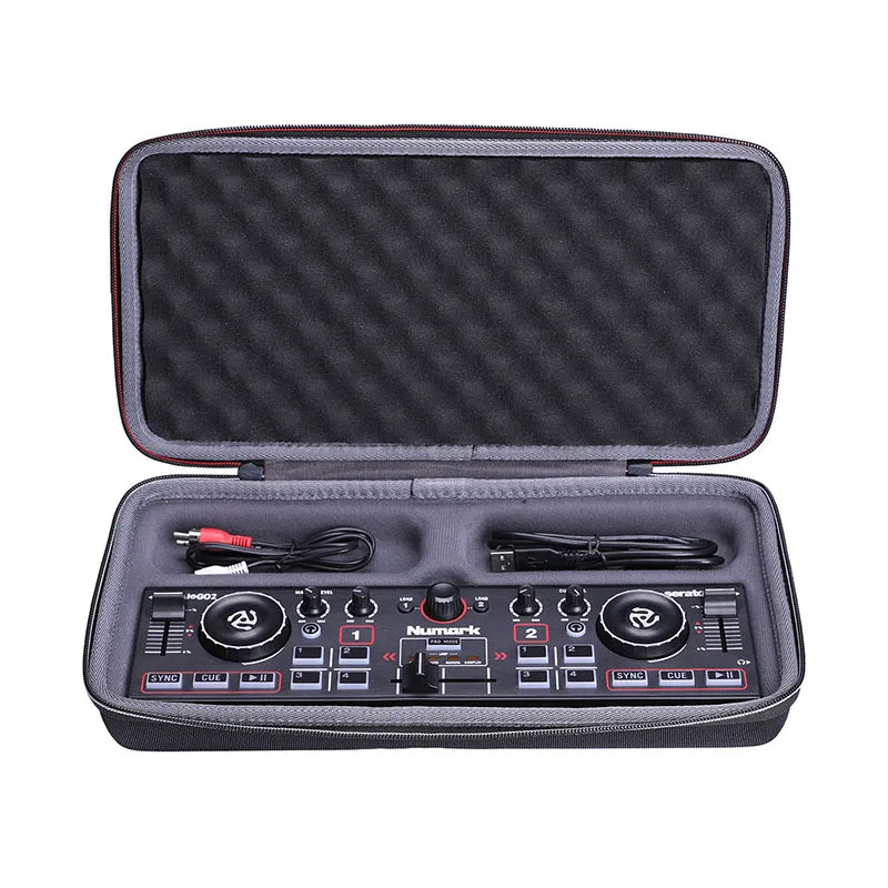 Black Numark Mixtrack Pro 2 DJ controller in gray foam-lined Xanad EVA hard case with red zipper for controller protect storage