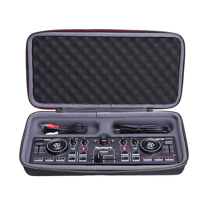 Black Numark Mixtrack Pro 2 DJ controller in gray foam-lined Xanad EVA hard case with red zipper for controller protect storage