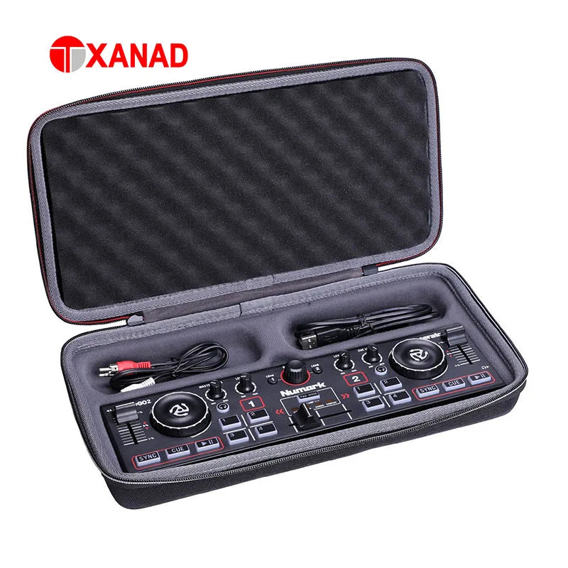 Black numark mixtrack pro 2 dj controller nestled in gray xanad eva hard foam case for controller protect storage