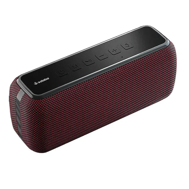 Maroon textured fabric xdobo x8 60w portable outdoor speaker with black control panel silver trim and tws function wireless bass subwoofer
