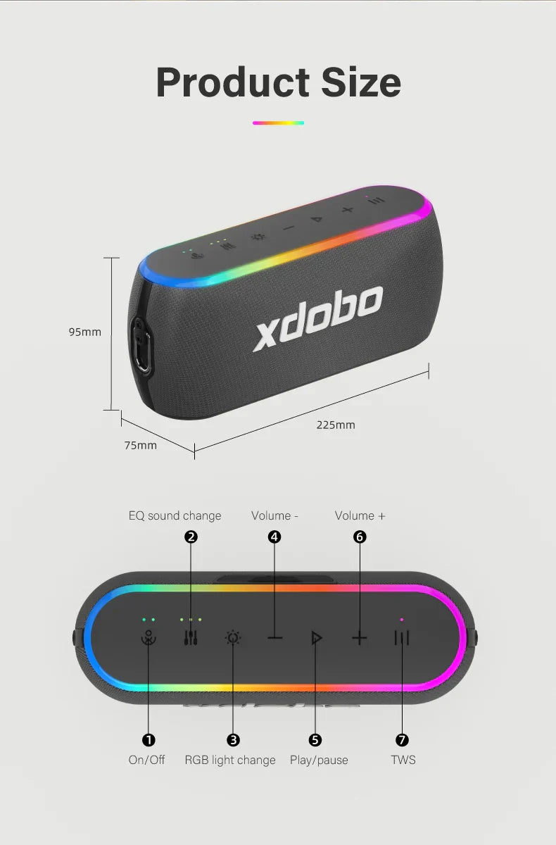 Black xdobo x8 iii speaker wireless subwoofer with rainbow led lighting and 6600mAh bass power bank for outdoor use