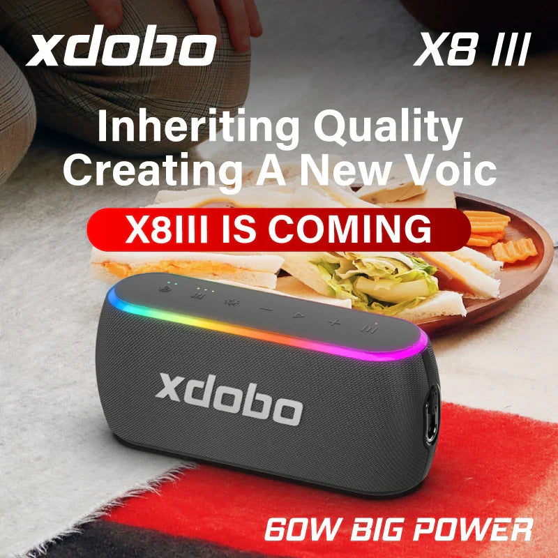 Black textured xdobo x8 iii speaker wireless subwoofer with rainbow led lighting and bass power bank for outdoor use