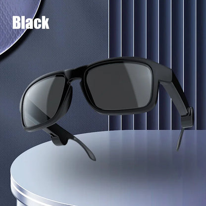 Black-framed xg88 smart glasses sports driving sunglasses outdoor with dark gray lenses and quality wireless bluetooth headset