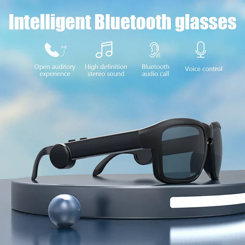 Black-framed xg88 smart glasses sports with dark-tinted lenses featuring quality wireless bluetooth for driving outdoors