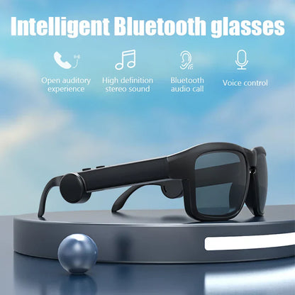 Black-framed xg88 smart glasses sports with dark-tinted lenses featuring quality wireless bluetooth for driving outdoors