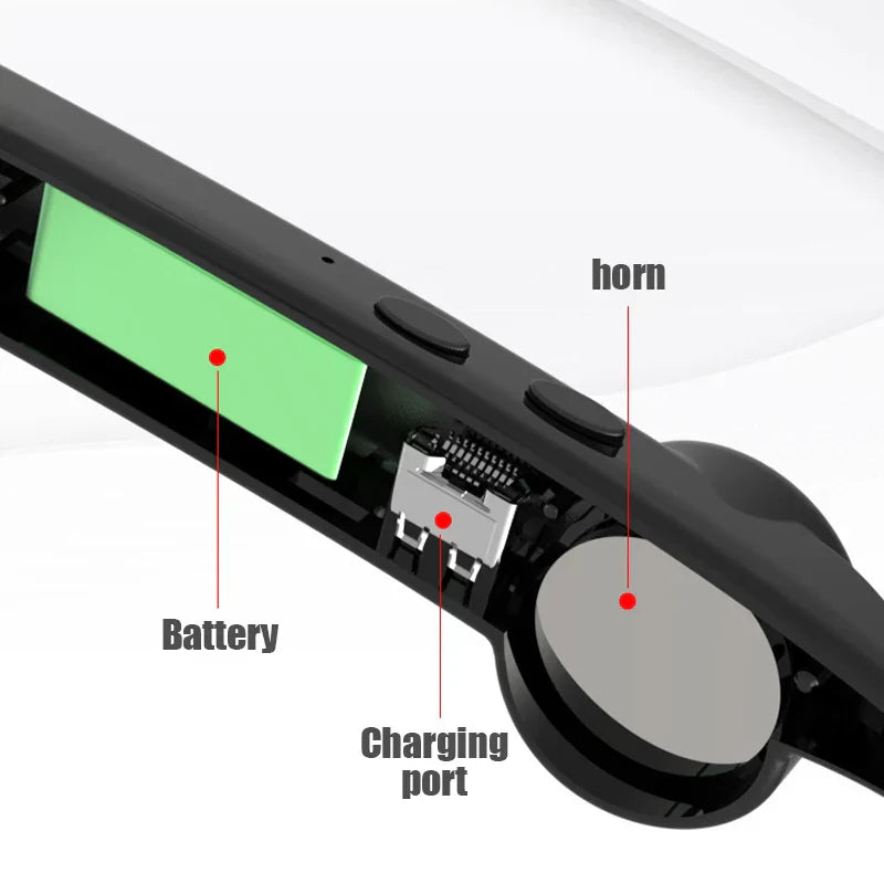 Black handheld device with green battery compartment and charging port on the back side of xg88 smart glasses sports headset