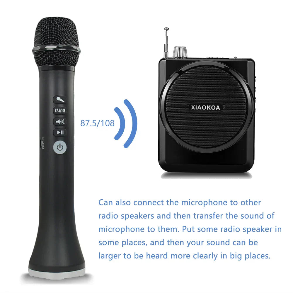 Black handheld wireless karaoke microphone with mesh grille and control buttons paired with xiaokoa 15w wireless ktv player speaker