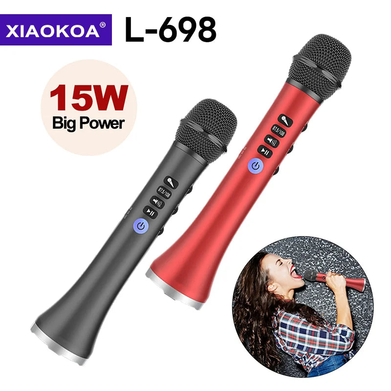 Red and black wireless karaoke microphone with 15w speaker and control buttons for ktv player by XIAOKOA L-698 model