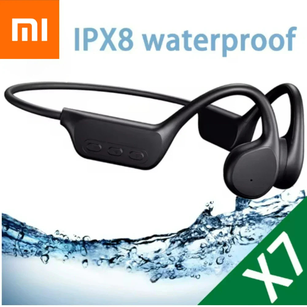 Black xiaomi x7 bone conduction headphones with ipx8 waterproof rating for sports wireless earphone use