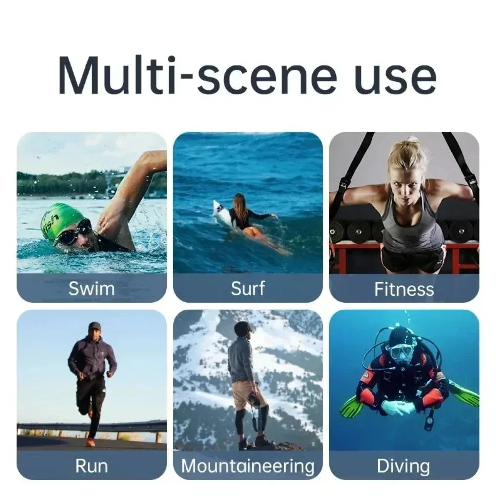 Xiaomi IPX8 waterproof bone conduction headphones shown in various sports use including swimming running and gym workout