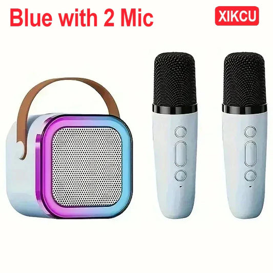 Blue gradient xikcu karaoke machine with brown leather handle and two light blue wireless microphones portable lights gift speaker