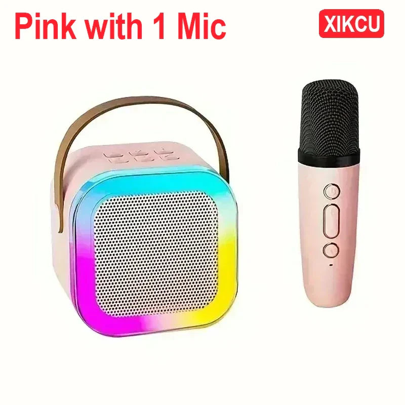 Pink xikcu karaoke machine with 2 wireless microphones portable rgb lights gift speaker for home party use