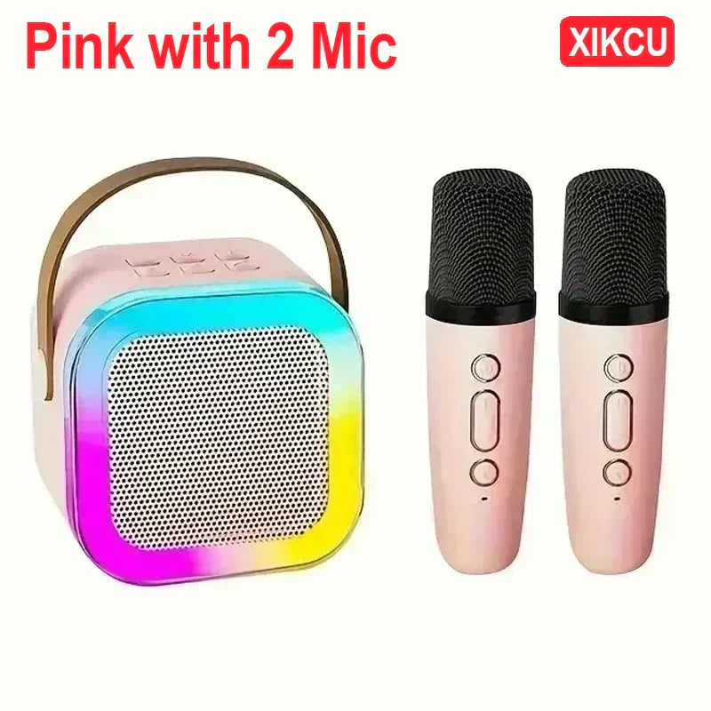 Pink xikcu karaoke machine with rainbow rgb lights and two wireless microphones portable speaker for party gift