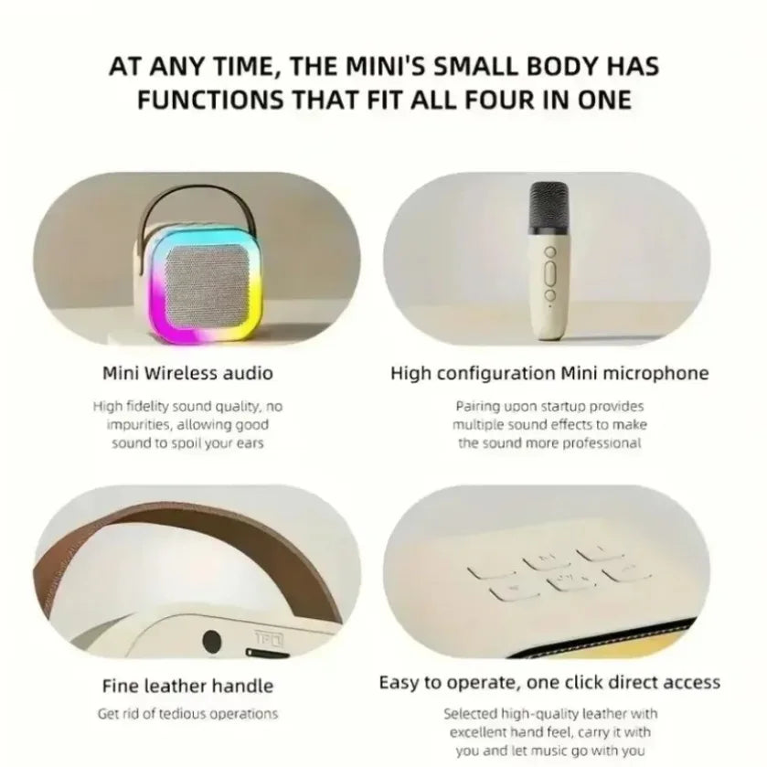 Compact white xikcu karaoke machine wireless speaker with colorful led ring and fine leather handle portable lights gift speaker
