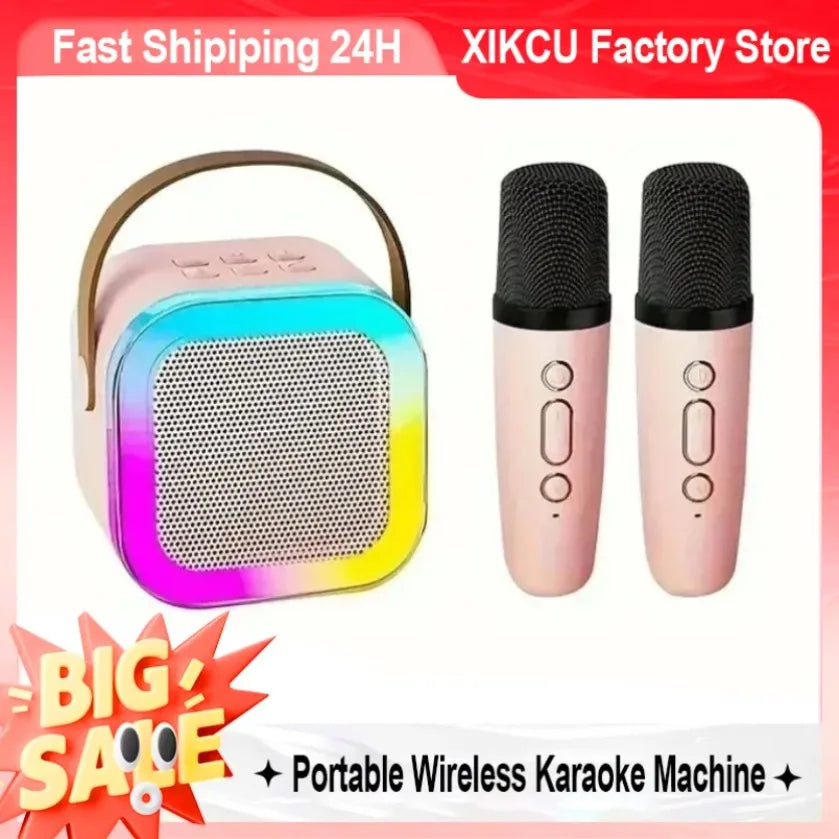 Pink xikcu karaoke machine with rainbow led lights wireless microphones portable speaker set for party gift use