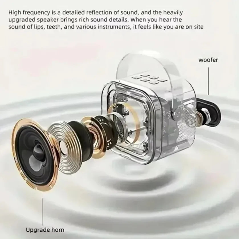 Transparent plastic xikcu karaoke machine with gold and black components featuring woofer and upgrade horn for party use