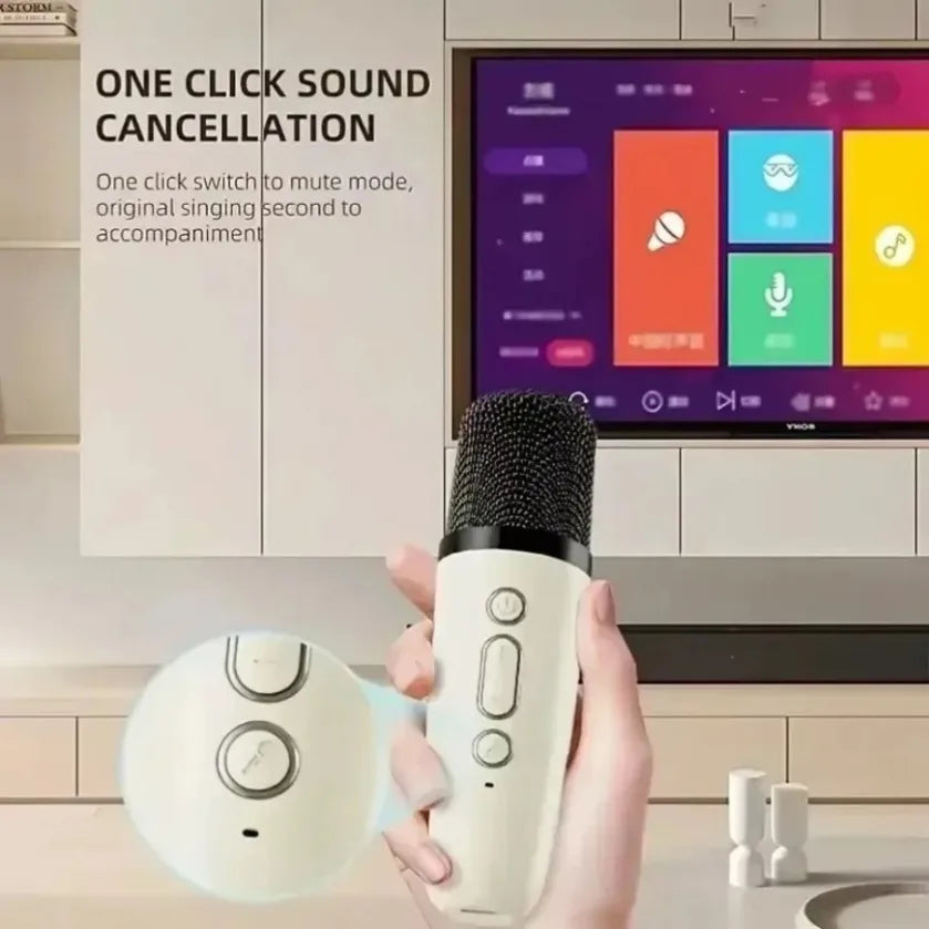 White wireless karaoke microphone with black mesh grille and control buttons for xikcu karaoke machine lights gift speaker set